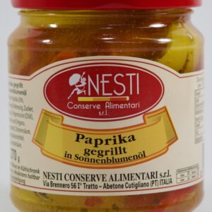 NESTI Paprika gegrillt in Sonnenblumenöl im Glas mit rotem Deckel