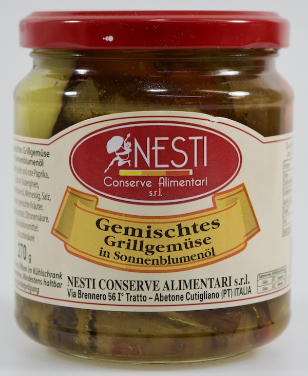 Antipasti von NESTI gemischtes Grillgemüse in Sonnenblumenöl im Glas mit rotem Deckel